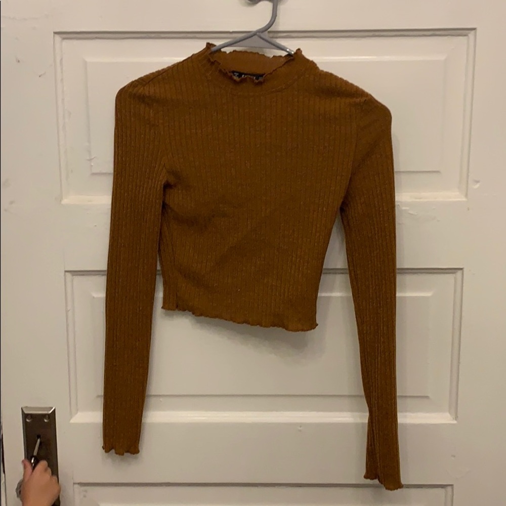 Brown crop top turtleneck ribbed sweater